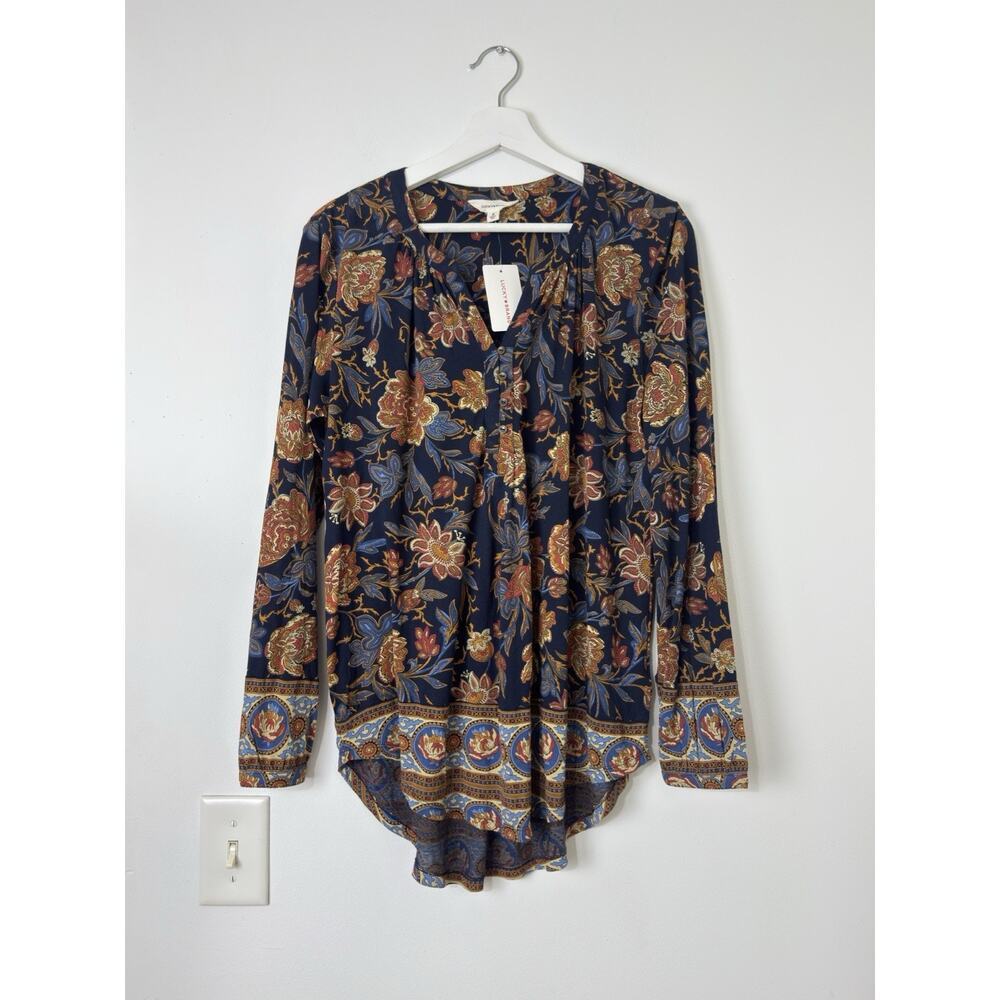 Lucky Brand Women Floral Boho Tunic Top Long Sleeve V-Neck Viscose Blouse M NWT